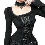 AltGoth Aesthetic Goth T-shirt Women Hotsweet Y2k E-girl 2000s Streetwear Lace Patchwork Square Collar Long Sleeve Crop Tee Tops - SS69