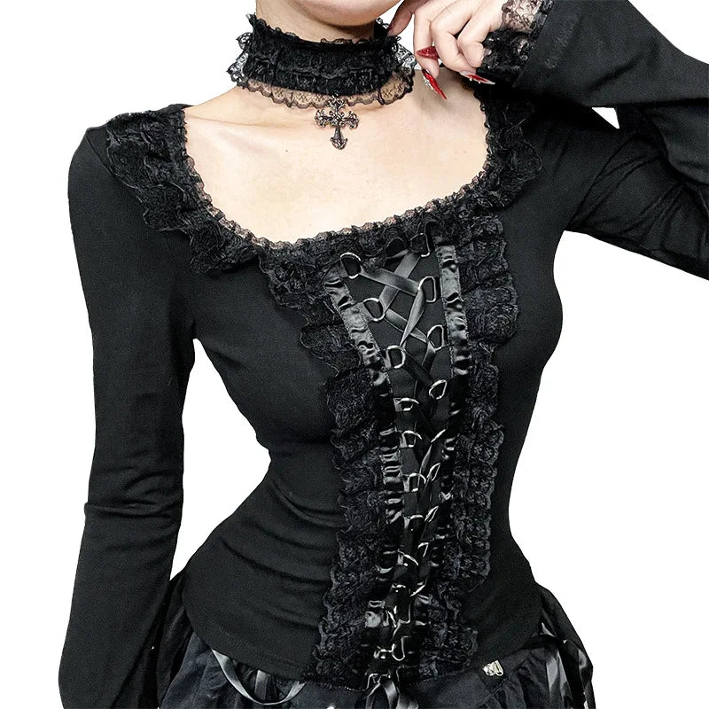 AltGoth Aesthetic Goth T-shirt Women Hotsweet Y2k E-girl 2000s Streetwear Lace Patchwork Square Collar Long Sleeve Crop Tee Tops - SS69