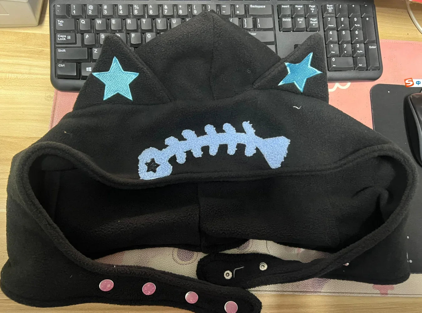 SS69 Japanese Punk Cat Ear Fish Bone Zip-Up Oversized Hoodie Blue