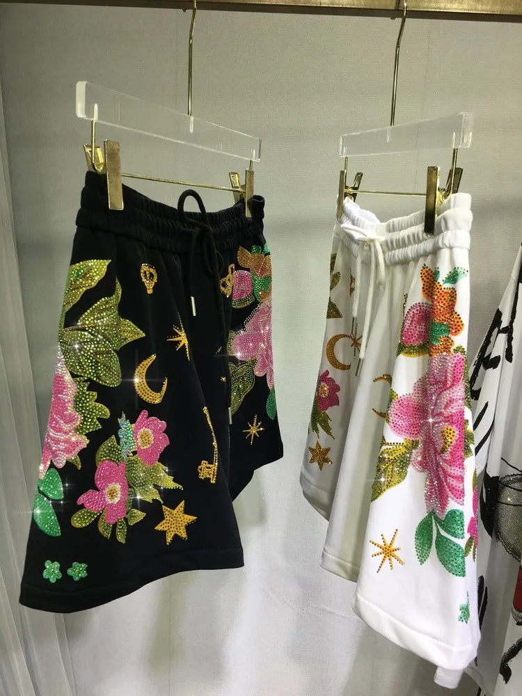 Oversized rhinestone diamond high-waisted black adjustable waist wide leg slacks Women's shorts SS69