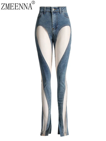 ZMEENNA High Waisted Blue Jeans With Cutout Design For Women Slim Fit Cut Out Pants Stylish Modern Fashionable Trendy ZM690 SS69