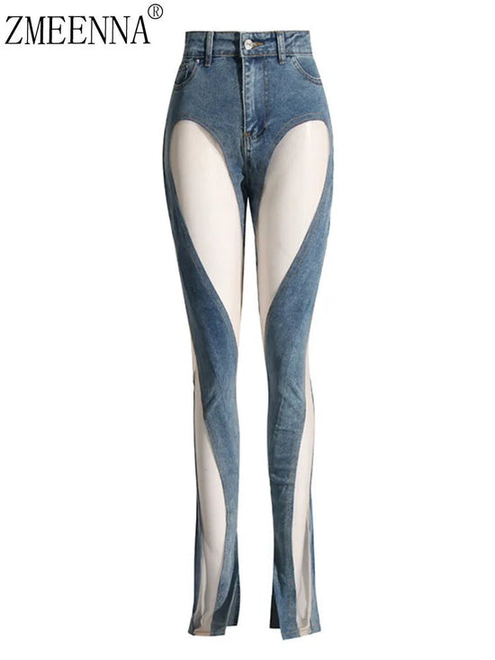 ZMEENNA High Waisted Blue Jeans With Cutout Design For Women Slim Fit Cut Out Pants Stylish Modern Fashionable Trendy ZM690 SS69