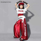 Girls K-pop Crop Top Shiny Joggers Pants Children Streetwear Girl Group Costume Kids Teen Hip Hop Jazz Street Dance Clothes Sets