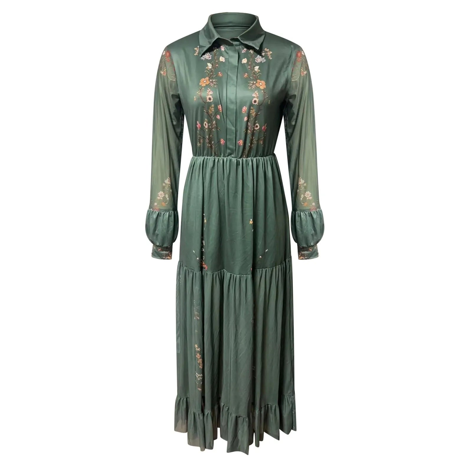 Ethnic Retro Floral Print Pleated Long Dress Sexy Shirt Collar Buttons Women Party Dress Fall Long Sleeve Boho Maxi Dress 2025 SS69