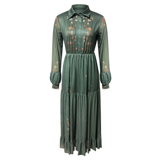 Ethnic Retro Floral Print Pleated Long Dress Sexy Shirt Collar Buttons Women Party Dress Fall Long Sleeve Boho Maxi Dress 2025 SS69