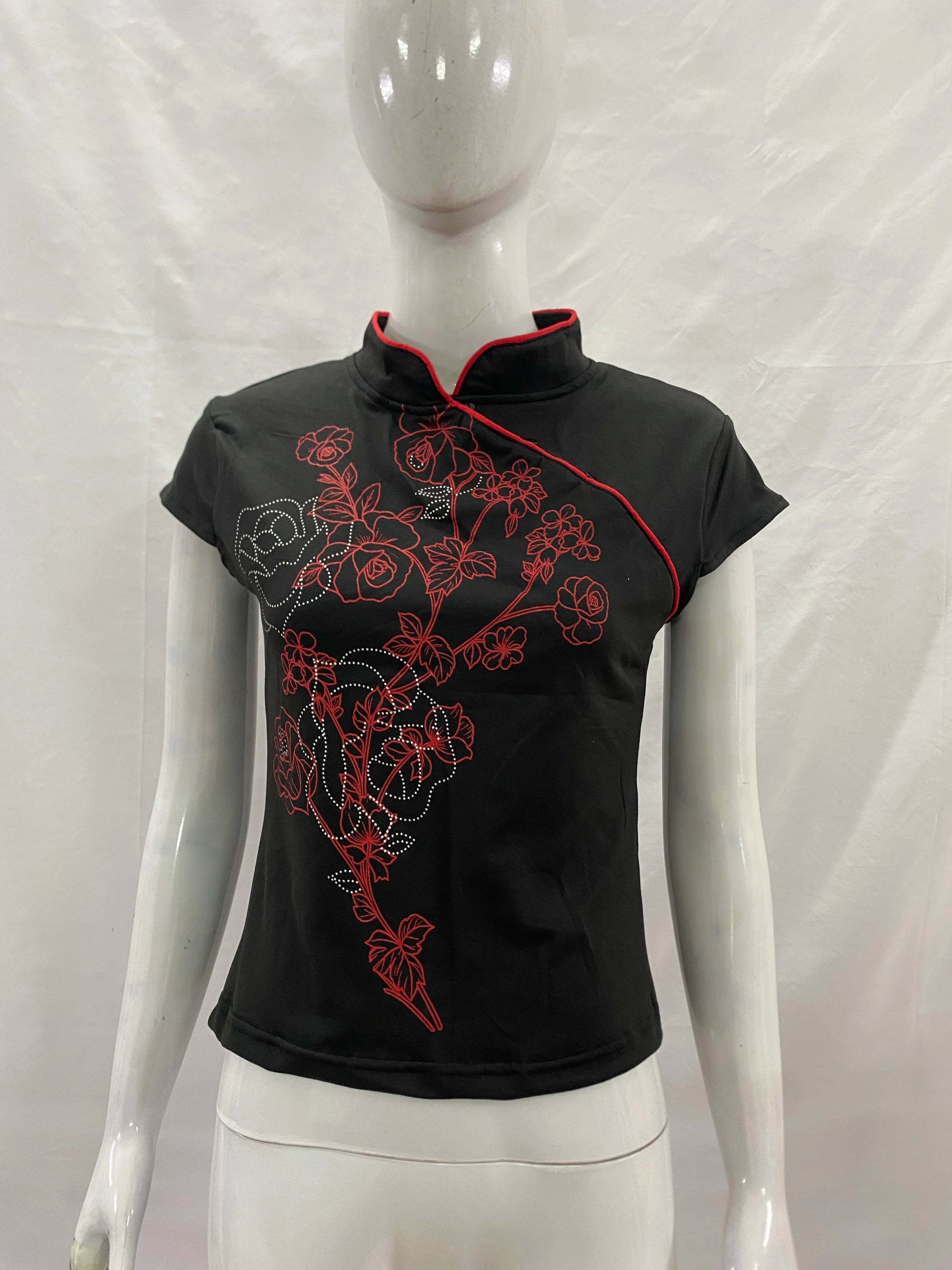 Women's Beige Chinese Style Cheongsam Blouse Vintage Mandarin Collar Short Sleeve Crop Top with Frog Button Keyhole Asymmetrical