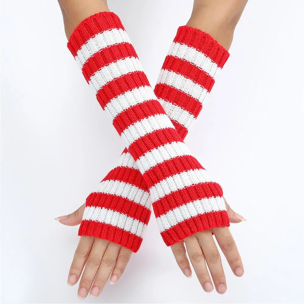 Lolita Striped Women's Knitted Fingerless Arm Sleeves Halloween Gothic Style Long Arm Warmers Girls Punk Striped Elbow Gloves SS69 12.69 Red / One Size