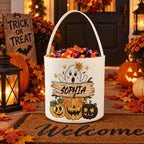 Custom Name Halloween Candy Bucket, Cute Ghost Pumpkin Black Cat Design Trick or Treat Pail, Kids Halloween Party Candy Basket