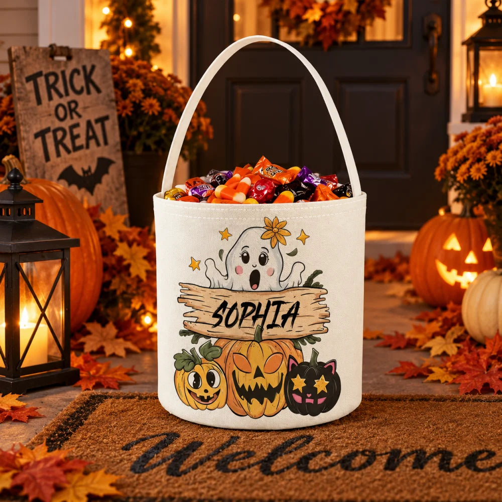 Custom Name Halloween Candy Bucket, Cute Ghost Pumpkin Black Cat Design Trick or Treat Pail, Kids Halloween Party Candy Basket
