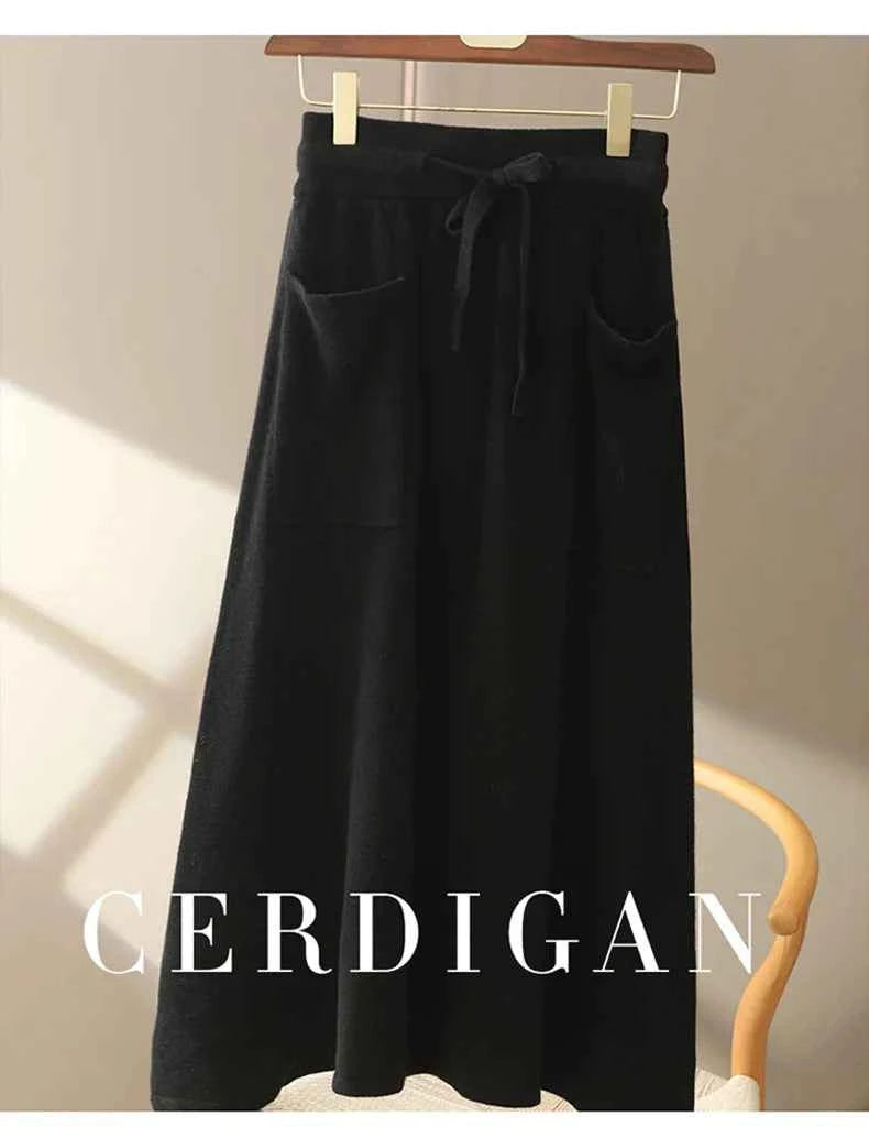 Autumn And Winter100% Pure Wool Skirt Women's Long Pocket Small A Skirt High Waist Slim Cashmere Knit A-Line Skirt