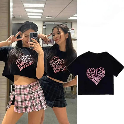 Crop Navel Baring Sport T-shirt Cotton Kpop BP Concert T-Shirts Fashion Summer Clothes Women Pink Clothes Sport Short Sleeves SS69