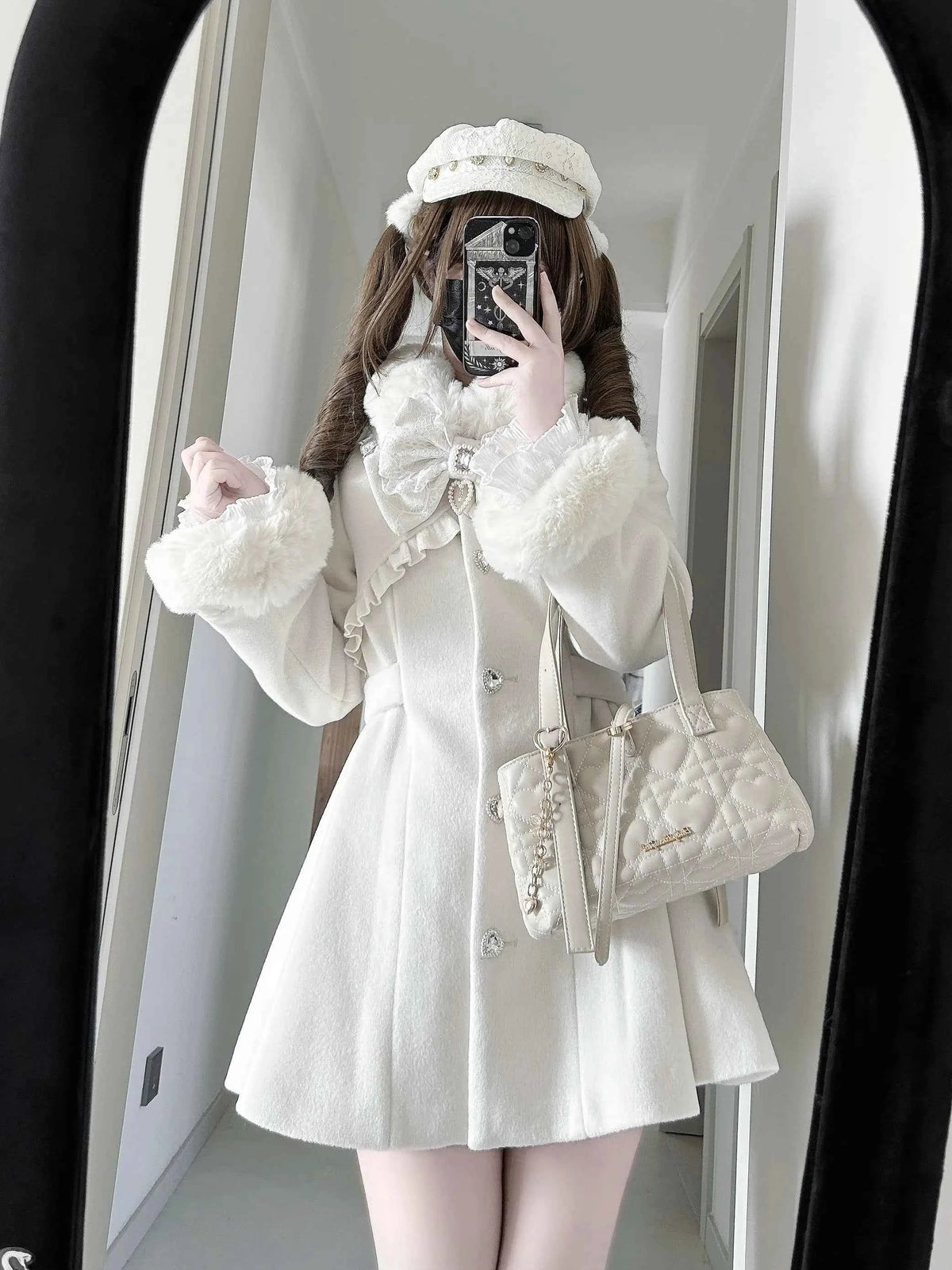 Japanese Mass-Produced Long Wool Collar Coat 20% Wool Waist-Cinching Sweet Girl Long Sleeve Slim Fit Elegant Lolita Woolen Coat