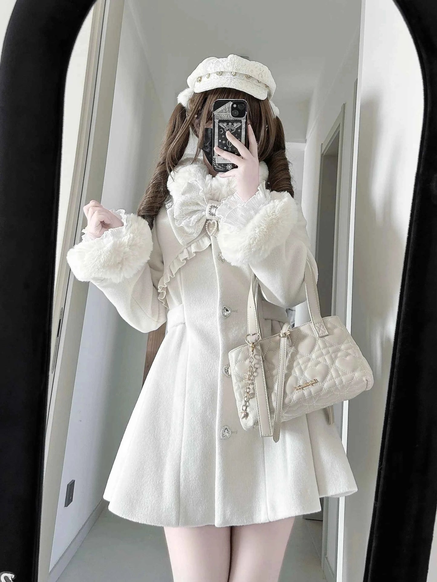 Japanese Mass-Produced Long Wool Collar Coat 20% Wool Waist-Cinching Sweet Girl Long Sleeve Slim Fit Elegant Lolita Woolen Coat