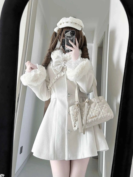 Japanese Mass-Produced Long Wool Collar Coat 20% Wool Waist-Cinching Sweet Girl Long Sleeve Slim Fit Elegant Lolita Woolen Coat