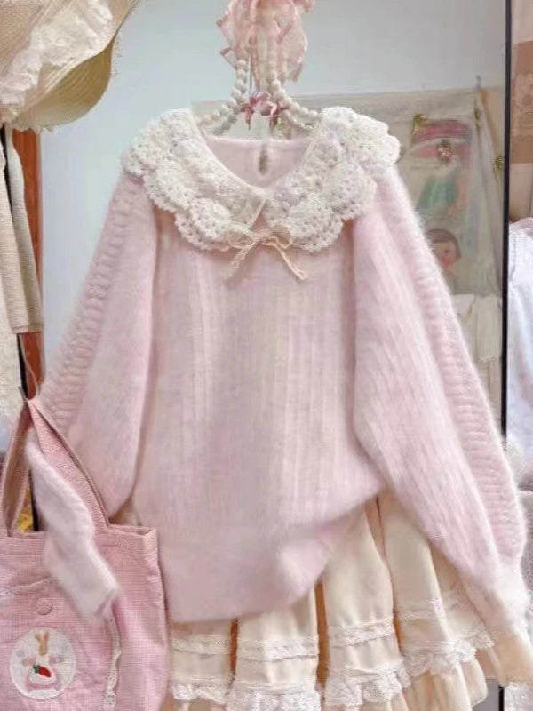 Winter Sweet Kawaii Patchwork Sweater Women Japanese Fashion Vintage Hot Girl Knitted Tops Y2k Elegant Cute Bow Pullover New