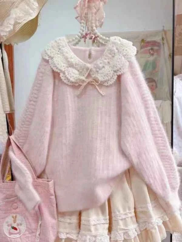 Winter Sweet Kawaii Patchwork Sweater Women Japanese Fashion Vintage Hot Girl Knitted Tops Y2k Elegant Cute Bow Pullover New