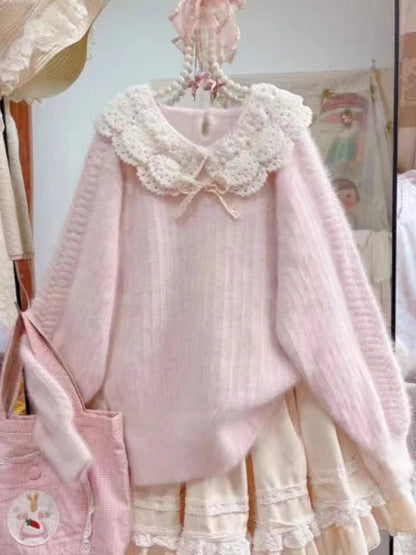 Winter Sweet Kawaii Patchwork Sweater Women Japanese Fashion Vintage Hot Girl Knitted Tops Y2k Elegant Cute Bow Pullover New