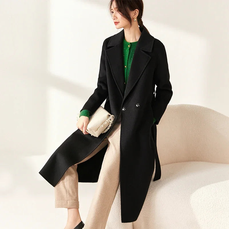 SENTUBILA Women 100% Wool Long Wrap Coat 2026 Elegant Notched Collar Belted Warm Double Faced Woolen Winter Overcoat W24O43352