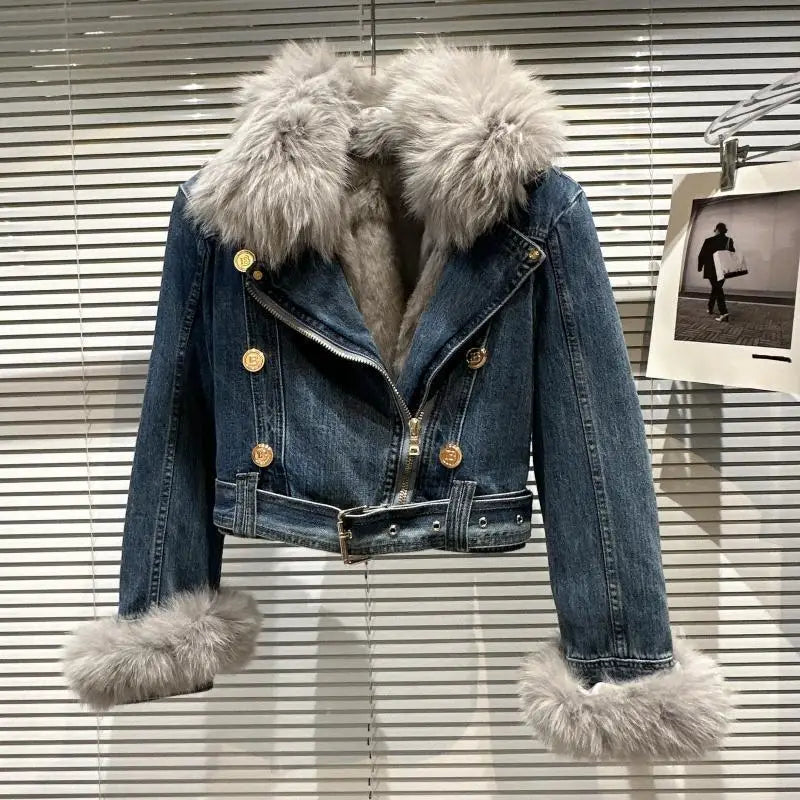 Winter Women Denim Coat Jacket Fox Collar Short  Warm High Street Outerwear Thicken Coat High Quality Luxury Design Party Wear
