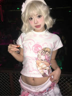 Japanese Camisetas Y2k Tshirts Crop Tops Women Clothing Short Sleeve O-neck Cute Tees Anime Print Casual Fashion Summer T-shirt SS69