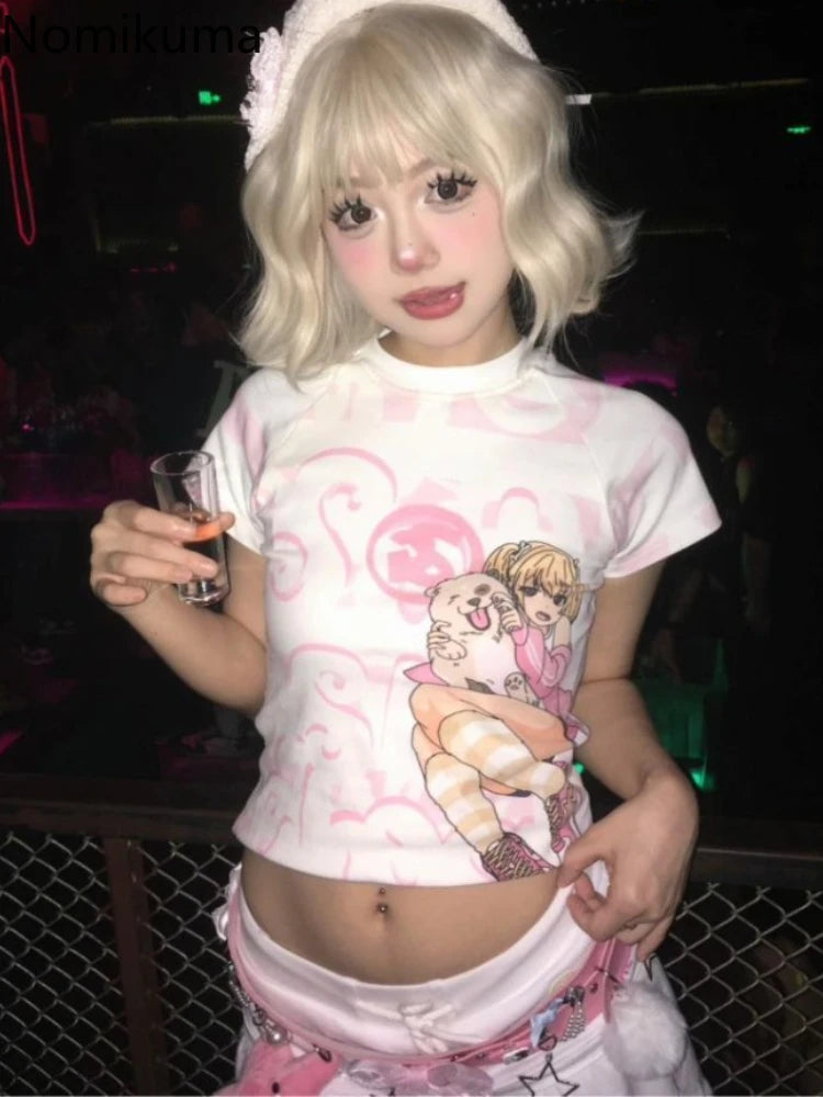 Japanese Camisetas Y2k Tshirts Crop Tops Women Clothing Short Sleeve O-neck Cute Tees Anime Print Casual Fashion Summer T-shirt SS69