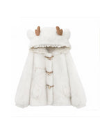 Lautaro Autumn Winter Thick Warm Sweet Cute Lace Patchwork Faux Fur Coat Hoodie Women with Deer Ears Horn Buttons Fluffy Jacket