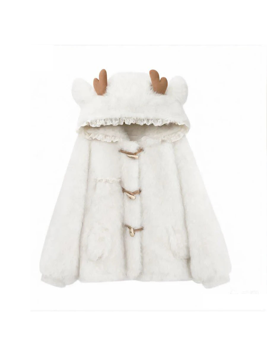 Lautaro Autumn Winter Thick Warm Sweet Cute Lace Patchwork Faux Fur Coat Hoodie Women with Deer Ears Horn Buttons Fluffy Jacket
