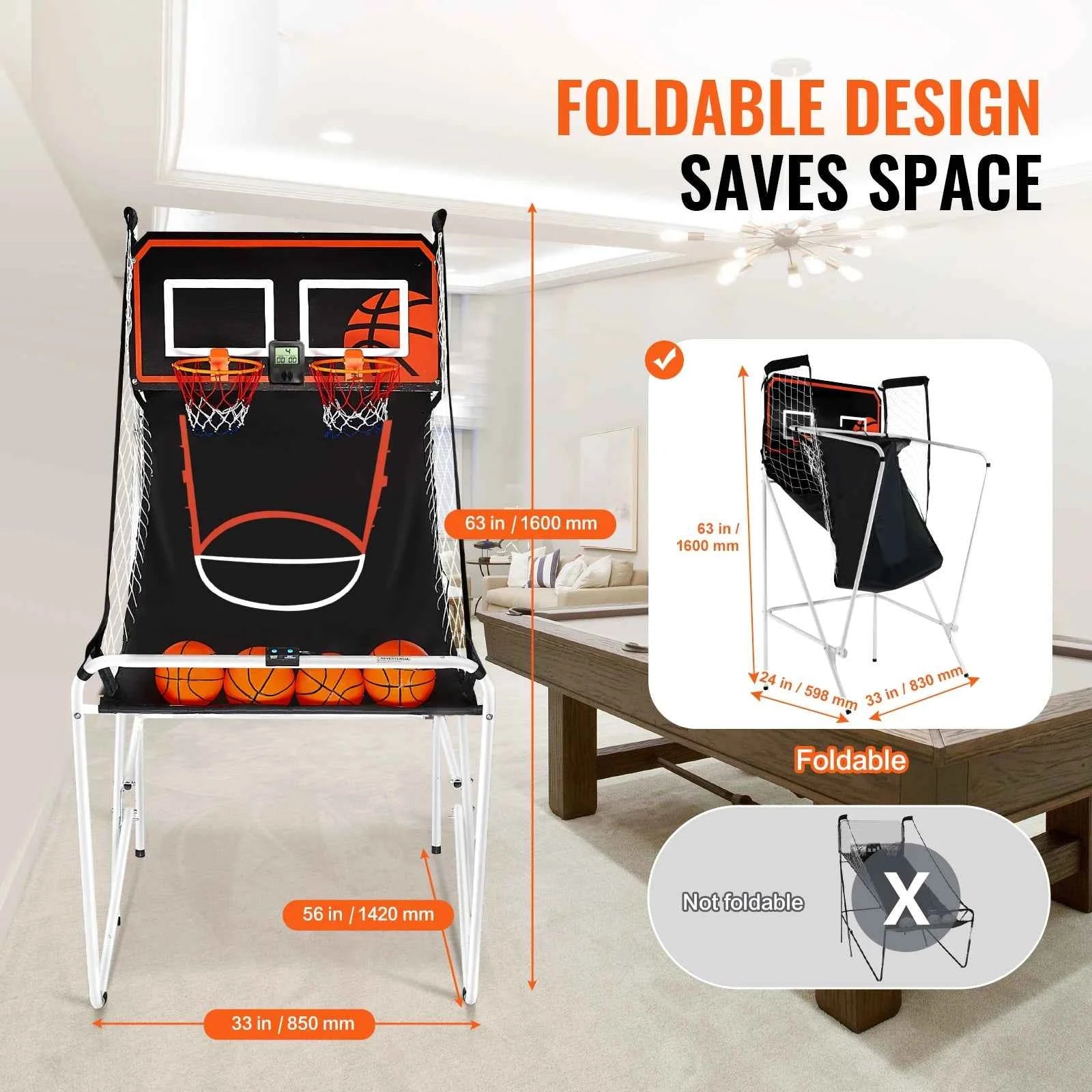 SucceBuy Foldable Basketball Arcade Game 2 Player Indoor Basketball Game Dual Shot Sport w/ 4 Balls 8 Game Modes for Kid Adult
