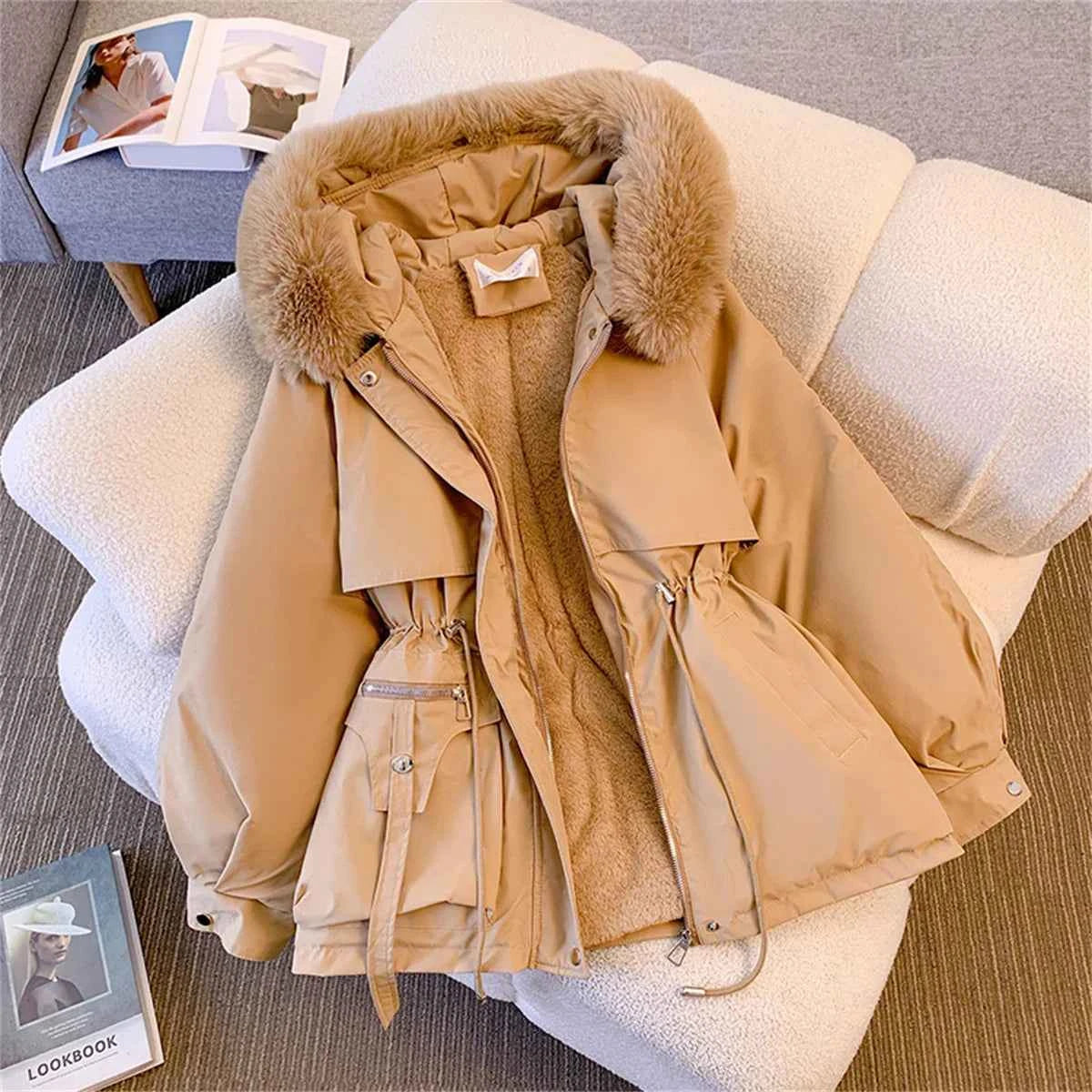 Women Autumn Winter Fashion Coats Korean Hooded Drawstring Padded Jackets Solid Female Casual Street Outfit Coat Zip Up Parkas