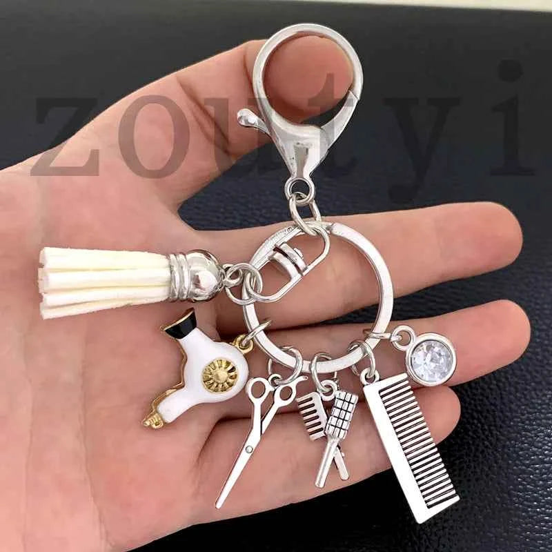 New fashion hairstyle gift charm tassel keychain retro jewelry mini hairdressing scissors hair dryer comb keychain DIY manual