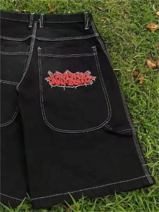 HOUZHOU Y2k Vintage Baggy Jeans Shorts Woman Streetwear Jorts Korean Harajuku Gothic Oversized Denim Pants Embroidery Summer SS69