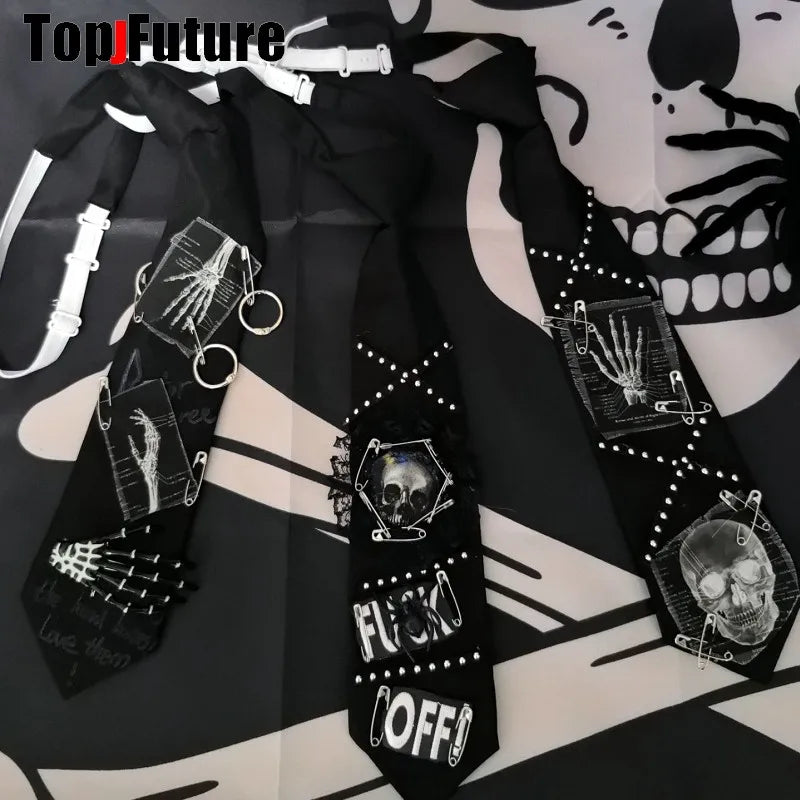 Women Men Y2K Girl Boy Gothic Harajuku Punk Steampunk Pre-Tied Ties Skeleton Necktie Accessories Halloween Cosplay Tie Choker SS69