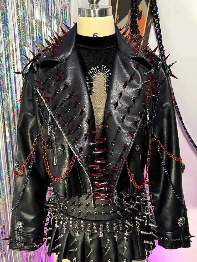 Women's Y2K Goth PU Leather Jacket Gothic Boho Emo Clothing with Spikes Punk Rock Grunge Festival Coat for Teens Spiked Clothes