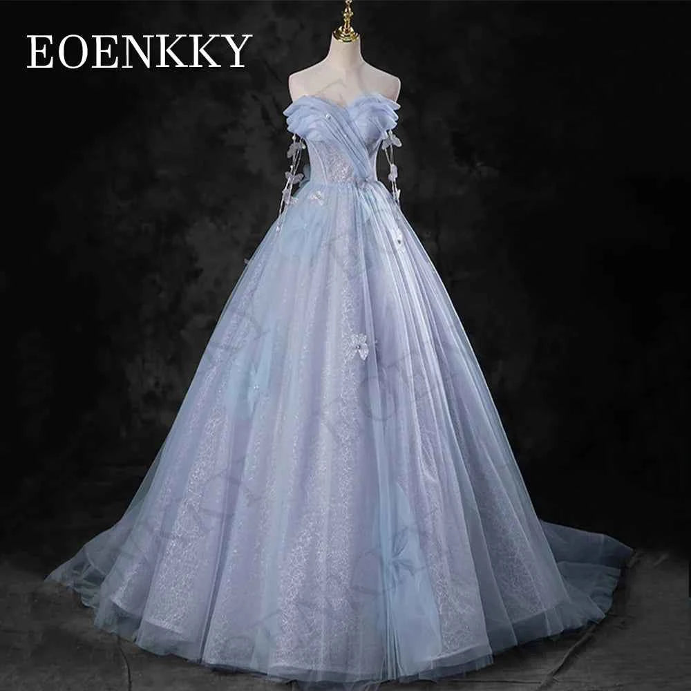 EOENKKY Blue Off Shoulder Princess Prom Dresses Celebrity A Line Pearls 3D Flowers Evening Gown платье на выпускной Customized