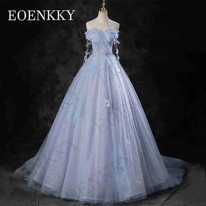 EOENKKY Blue Off Shoulder Princess Prom Dresses Celebrity A Line Pearls 3D Flowers Evening Gown платье на выпускной Customized
