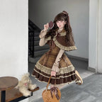 Autumn Winter Lolita Style 3 Piece Set Women Lace Bow Peter Pan Collar Cloak Coat Plaid Mini Dress Korean Fashion Y2k Sweet Suit