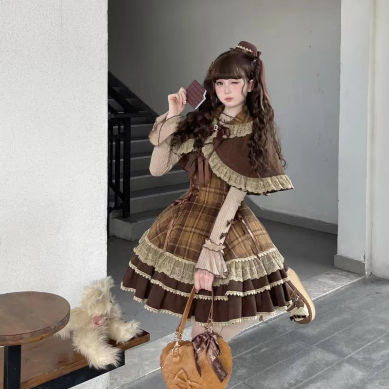 Autumn Winter Lolita Style 3 Piece Set Women Lace Bow Peter Pan Collar Cloak Coat Plaid Mini Dress Korean Fashion Y2k Sweet Suit