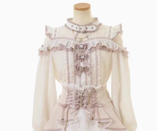 Japanese Liz Mine Women's Shirt Summer Off Shoulder Big Bow Short Sleeve Top Cute Girl BlousesHigh Waist Skirt 2 Piece Skirt Set SS69 61.69 Pink white shirt new / L