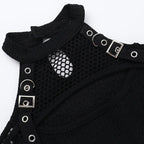 Goth Dark Fishnet Patchwork Off Shoulder Halter Top