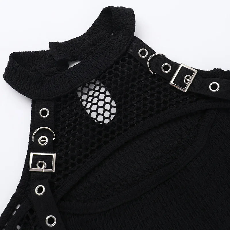 Goth Dark Fishnet Patchwork Off Shoulder Halter Top