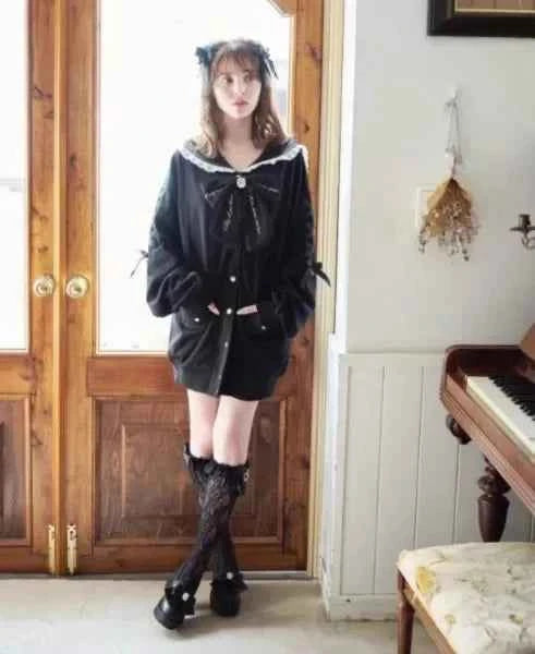 Mine Series Japanese Embroidery Bow Sail Collar Black Long Sweatshirt Coat Women Hoodie Lolita Sweet Girls Pink Hoodies Jacket