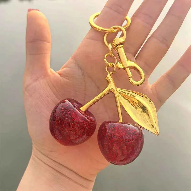 Fashion Delicate Red Cherry Charm Keychain 3 Color Gold Silver Keyring Elegant Women's Backpack Purse Charm Earrings Jewelry