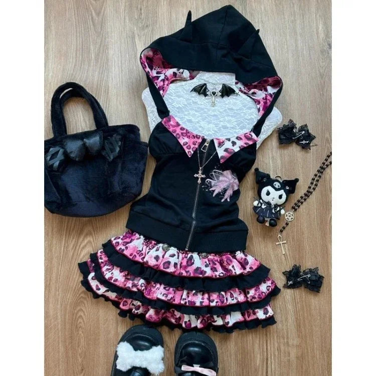 Japanese Sweet Bow Slim Lolita Zipper Hoodie Tops Women+ High Waist Leopard Print Patchwork Cake Skirts Y2K Skirt 2 Piece Sets SS69