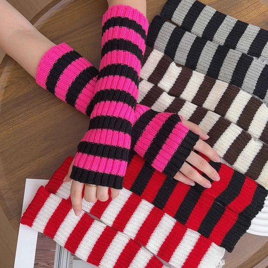 Gothic Striped Knitted Fingerless Arm Sleeves Black White Striped Winter Long Arm Warmers Girls Harajuku Y2K Wrist Gloves