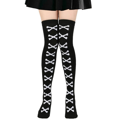 SS69 Women's Bone Print Thigh High Socks - Cotton Blend Cosplay Stockings