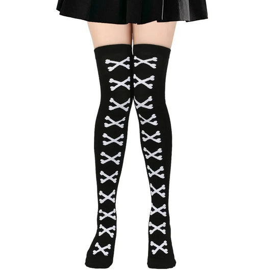 SS69 Women's Bone Print Thigh High Socks - Cotton Blend Cosplay Stockings