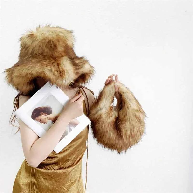 Luxury Fluffy Women Faux Fur Bucket Hats Oversized 17cm Wide Brim Thicken Outdoor Warm Plush Punk Hat Girl Y2k Female Ski Panama