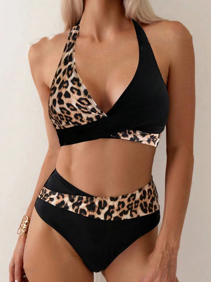 Sexy Leopard Laced Up Bikini 2 Piece Set Women Split Swimsuit High Waist Beach Style Bikini 2025 New Summer Swimwear Bikinis Set SS69