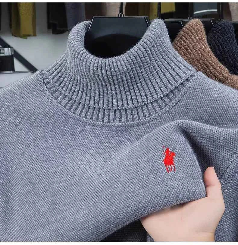 High end brand velvet sweater men's new fashion designer exquisite pony embroidery winter thick warm high neck knitted pullover