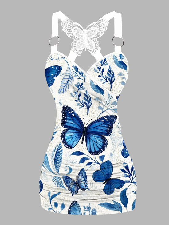 Dressfo 2025 Women's Tank Tops Rose Print Ruched Butterfly Lace Cross Tank Top O Ring Surplice Summer Top SS69 19.69 Blue / S